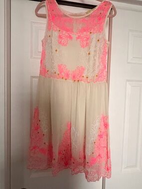 Gianni Bini Cream Midi Dress with Neon Pink Embroidery